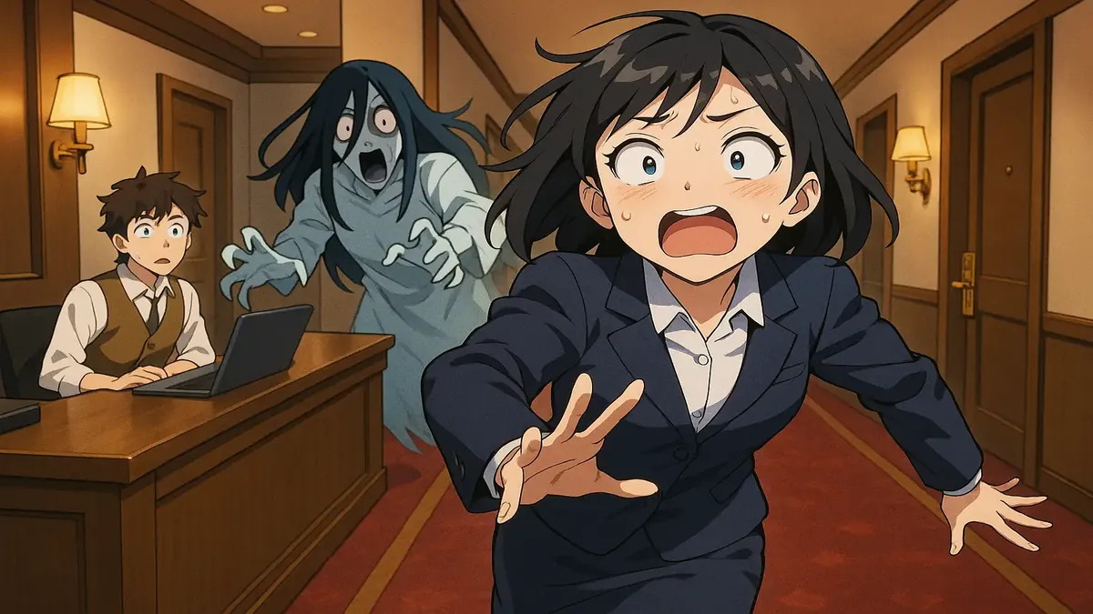 Anime illustration of a night auditor in a chaotic hotel lobby, capturing the essence of stress and excitement.