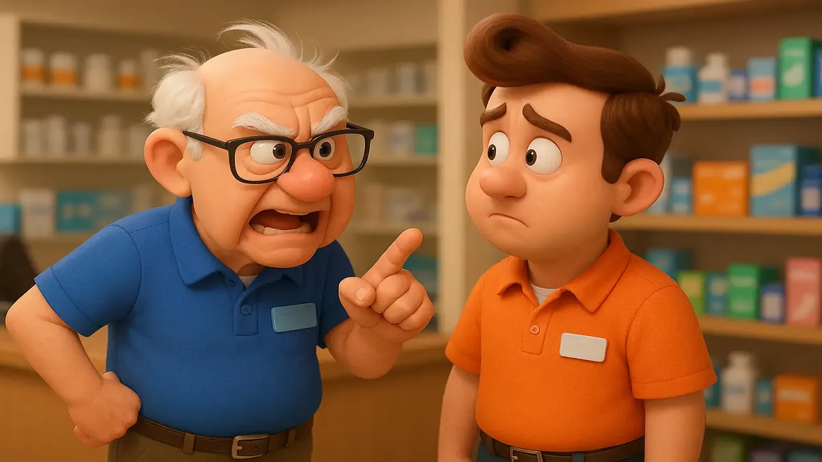 Cartoon-3D illustration of two retail supervisors discussing conspiracy theories in a drug store setting.