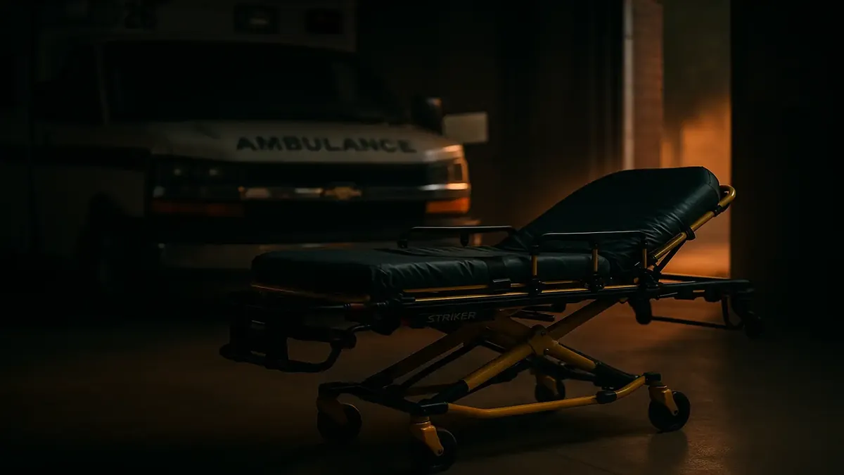 Cinematic scene of a non-emergency medical vehicle with a specific cot, highlighting petty malicious compliance.