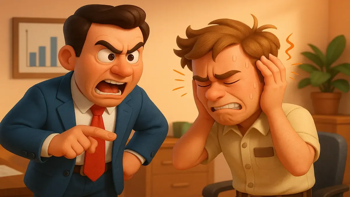 Cartoon-3D illustration of a stressed Assistant Manager overseeing construction at a hotel site.