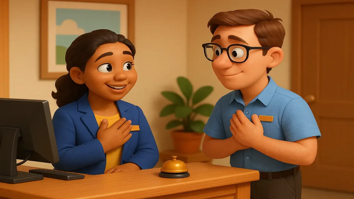 Cartoon-style illustration of a front desk worker handling a guest inquiry with respect and professionalism.