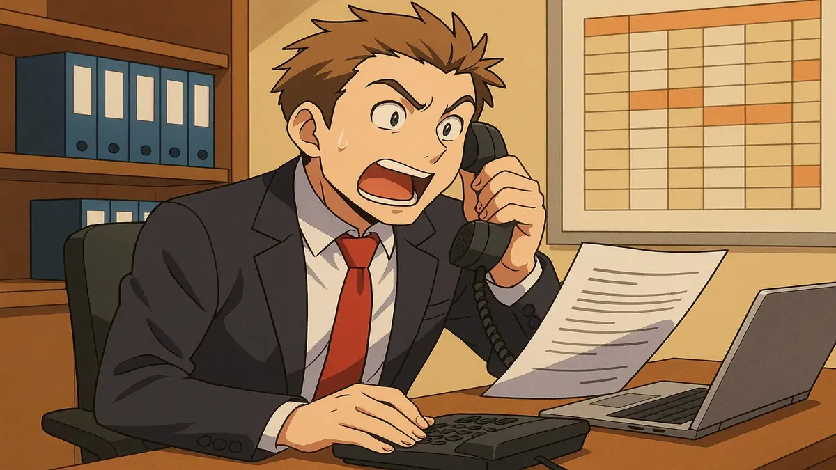 Anime illustration of a hotel manager juggling overbooked reservations and guests, symbolizing the struggle of managing bookings.