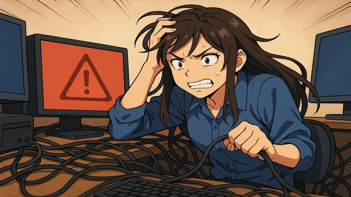 Anime-style illustration of a person overwhelmed by computer setup challenges and technology issues.