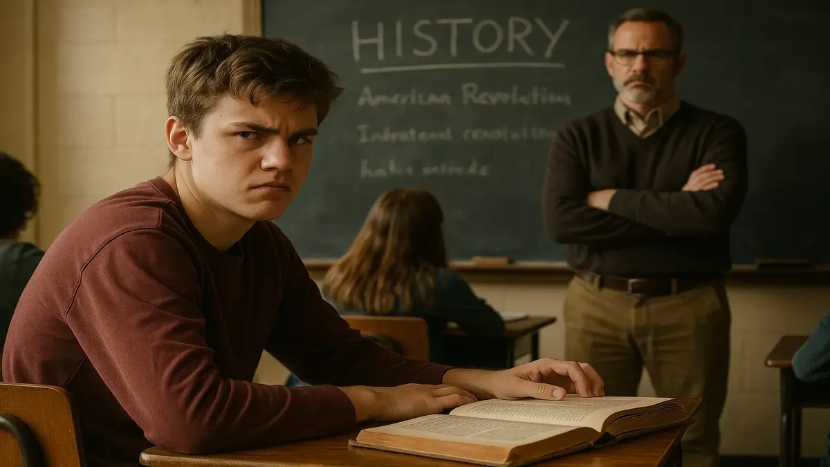 A student with disabilities in a history lecture, showcasing determination and resilience in learning.
