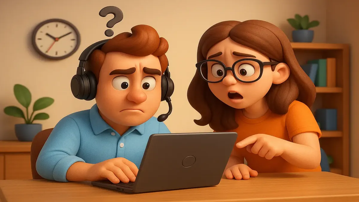 Cartoon illustration of a frustrated IT support worker troubleshooting a softphone app issue.