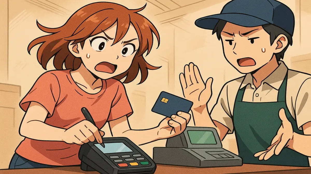 Confused anime character struggling with card reader instructions during payment process.