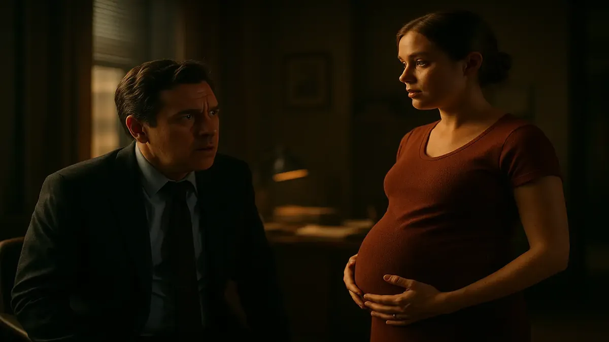 Male boss looking confused in an office, unaware of a pregnant employee's needs, cinematic style.