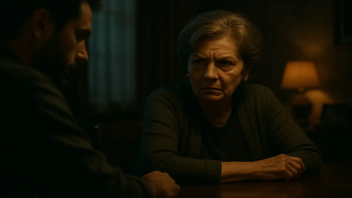 Woman feeling overwhelmed by her mother-in-law, capturing the emotional turmoil in a cinematic style.