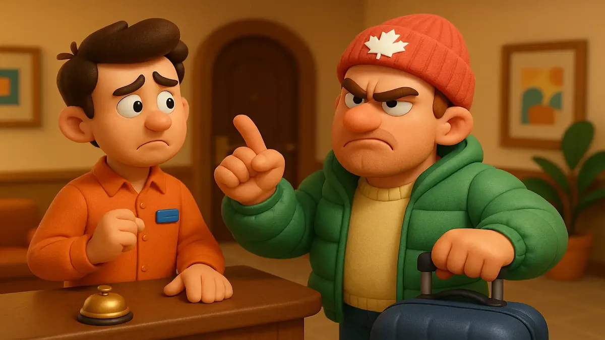Cartoon-3D illustration of a frustrated hotel worker dealing with a rude Canadian guest at night.
