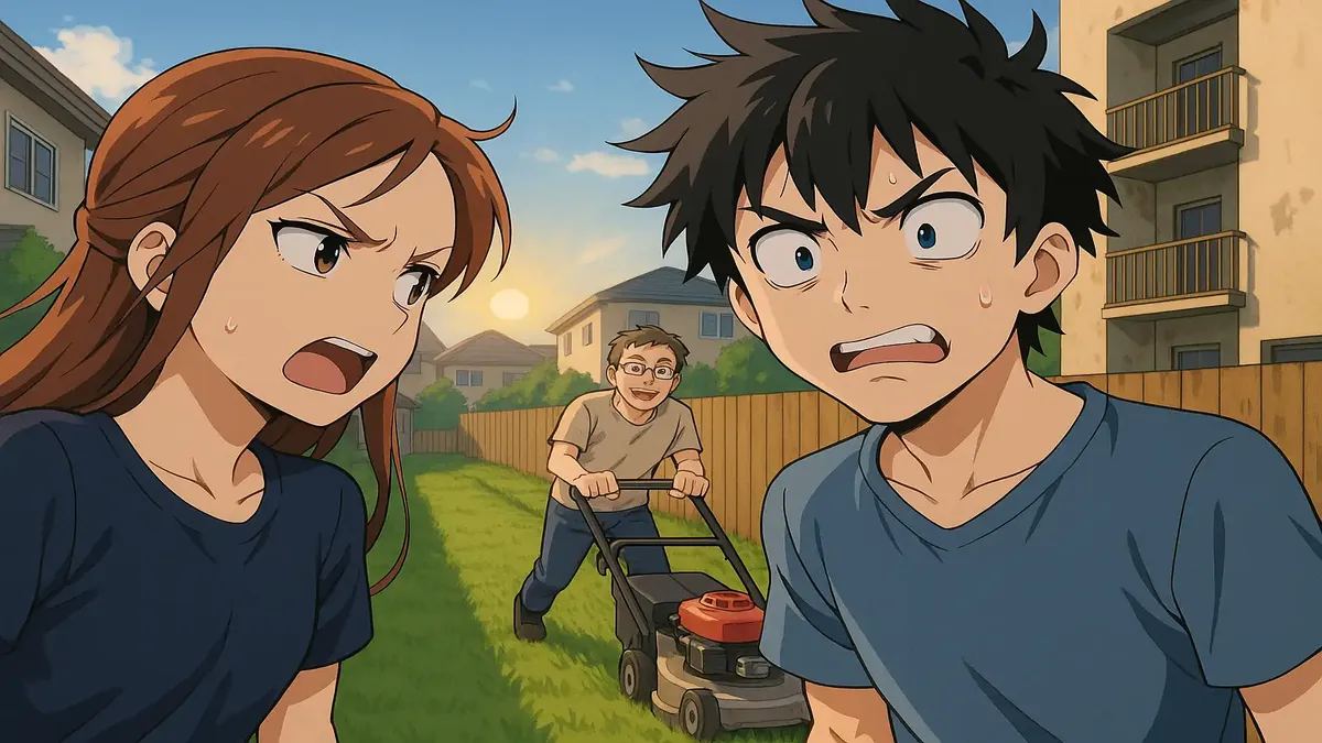 Anime illustration of a frustrated neighbor dealing with a do-gooder at dawn, highlighting boundary issues.