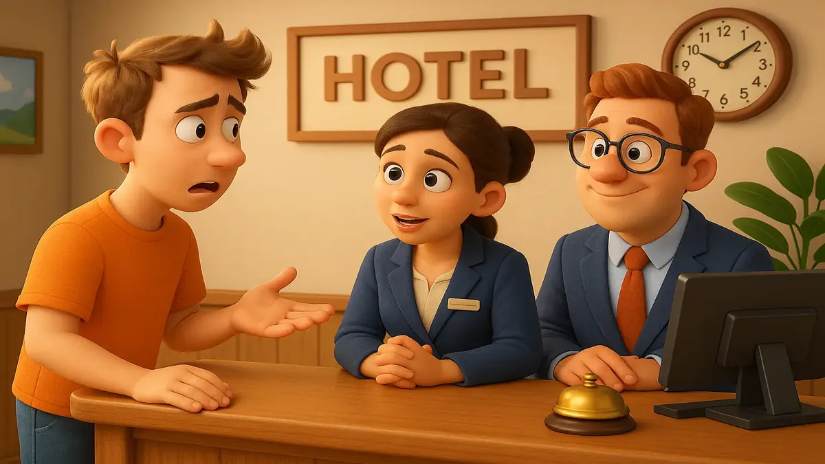 Cartoon 3D illustration of a hotel front desk with staff discussing holiday pay advice.