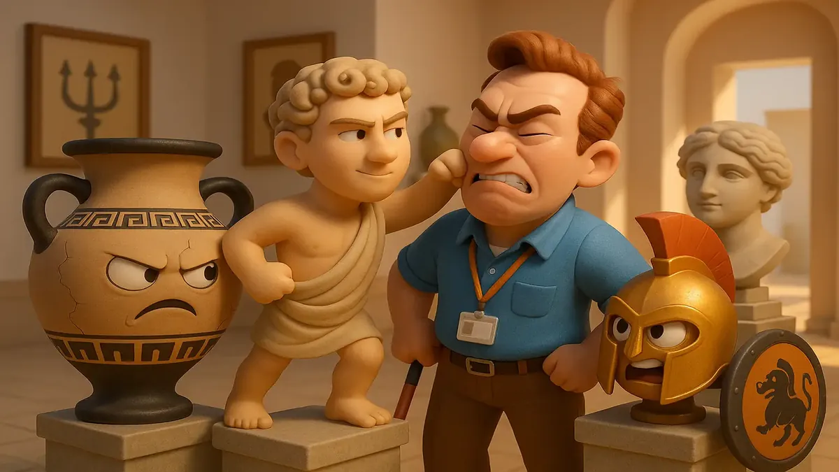 Cartoon-3D scene of a family at a Greek museum, confronting a rude tour guide in Crete.