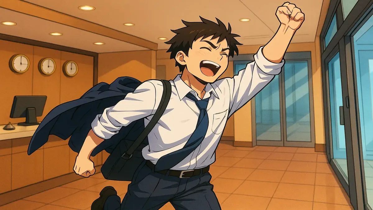 Anime illustration of a person joyfully leaving their job at a hotel, symbolizing freedom and new beginnings.