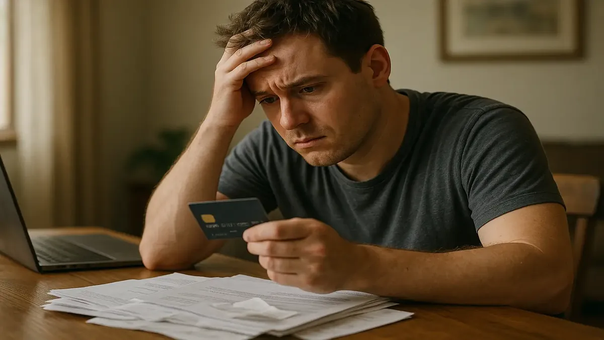 Young man looking frustrated while reviewing his finances at a desk, symbolizing money management challenges.