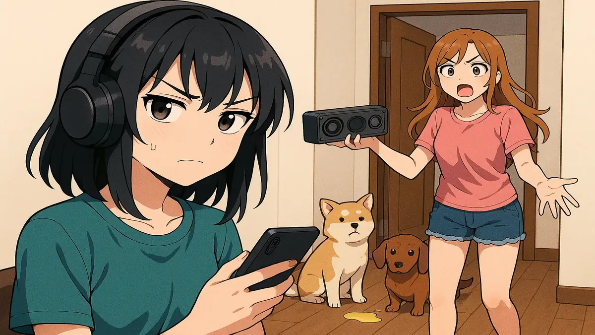 Anime-style illustration of a frustrated roommate wearing headphones while dogs play in the background.