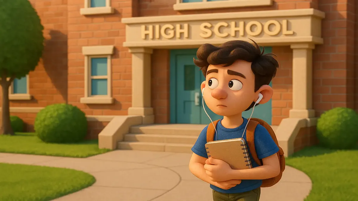 Cartoon-style 3D illustration of a high school student with earbuds, ready for class with a notebook in hand.