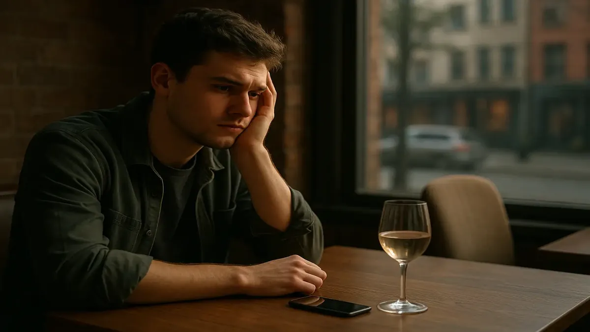 Young man looking pensive after being ghosted on a date, with a blurred city background.