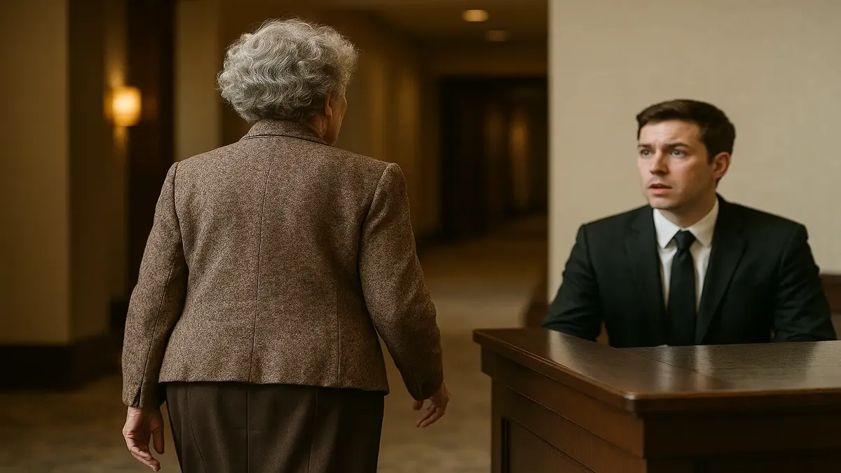 Older woman expressing frustration at hotel front desk about restroom issue, photorealistic style.