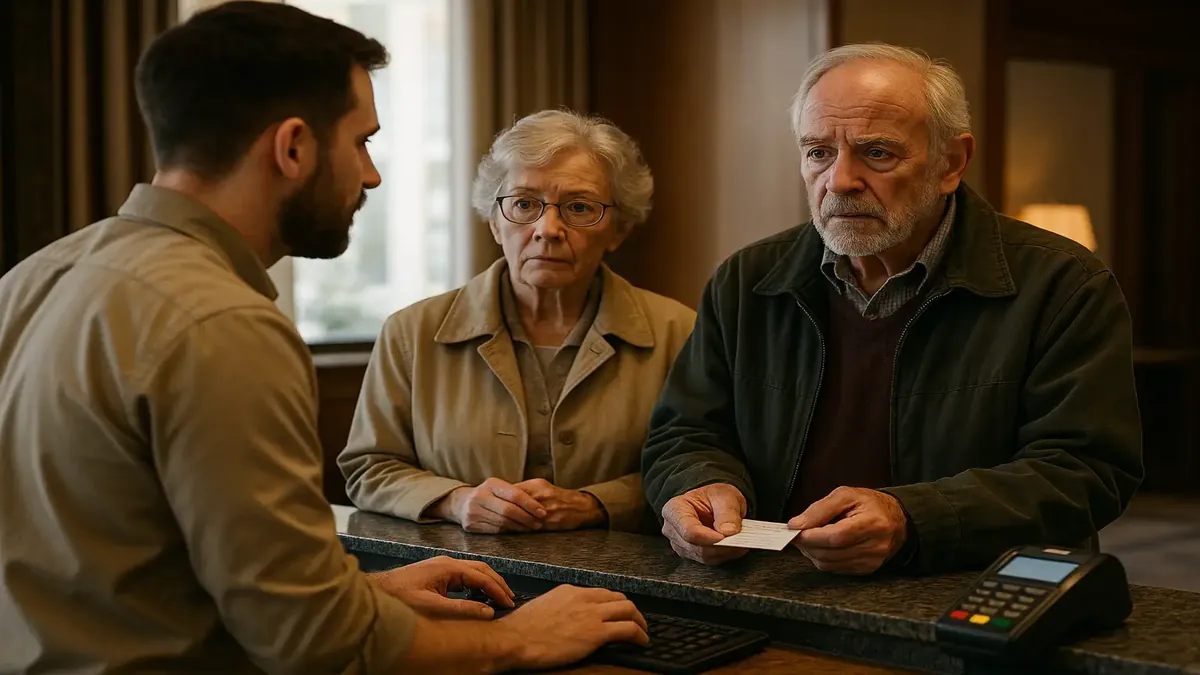 Elderly couple checking out at the front desk during a shift change at a hotel lobby.
