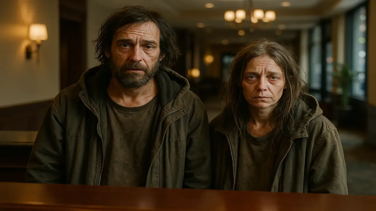 A couple looking disheveled and weary, standing outside a city hotel, seeking shelter on a busy street.
