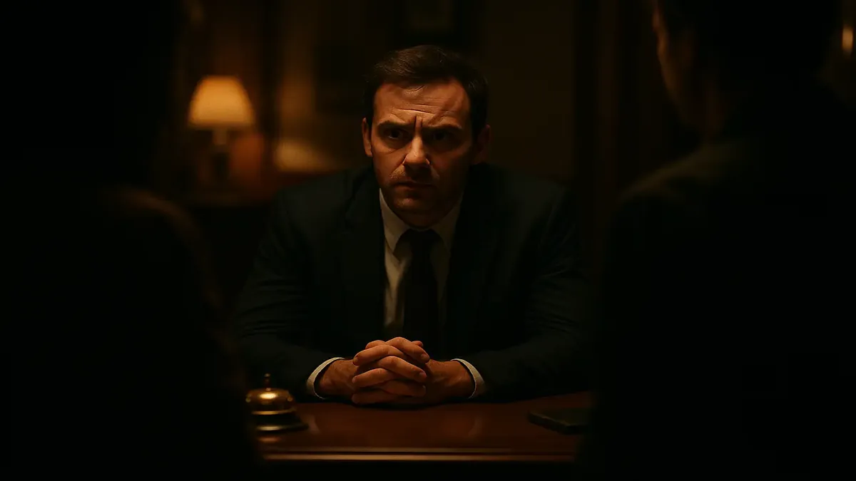 Night shift audit scene with a woman seeking a fully booked hotel room, cinematic style.