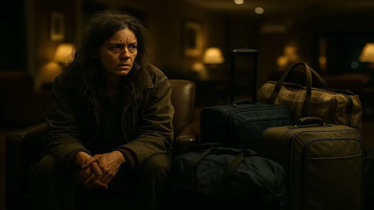 Woman with belongings in a lobby, evoking tension and uncertainty, depicting a stressful checkout scenario.