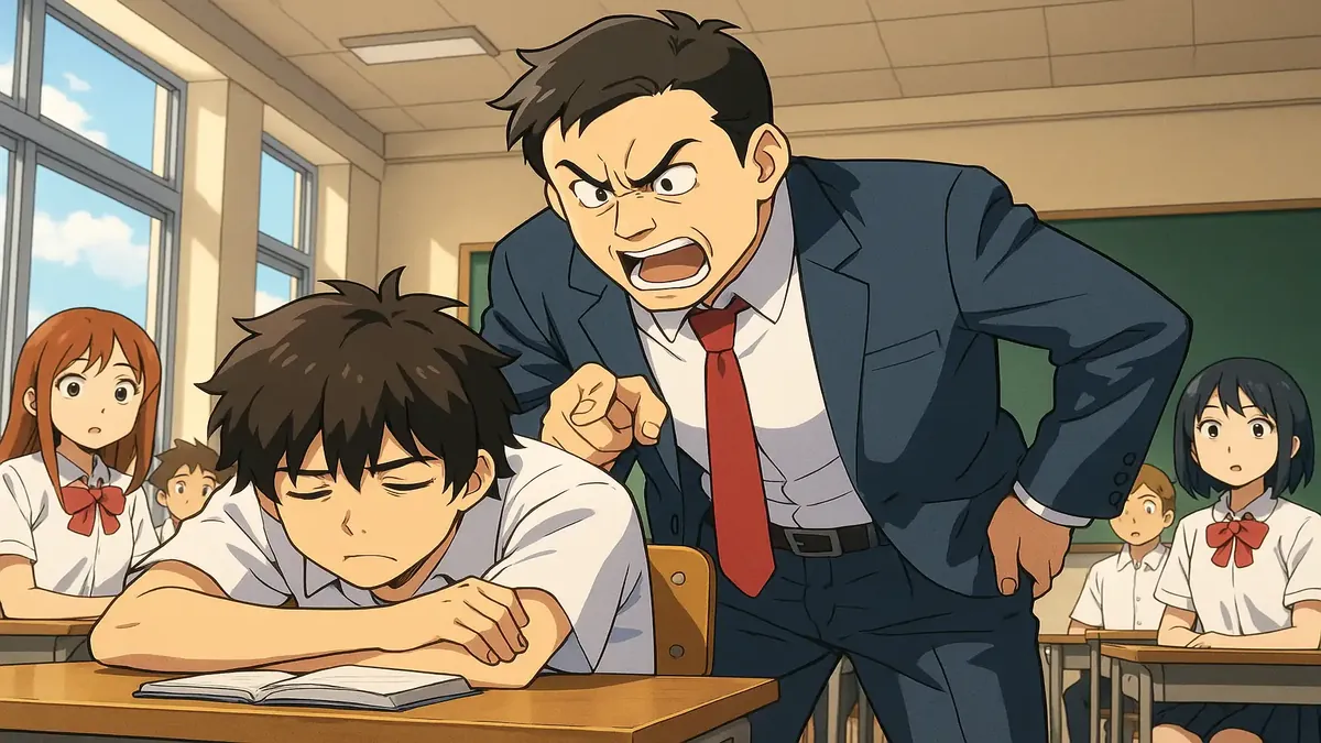 Anime illustration of a high school student facing criticism from a teacher, reflecting struggles in education.