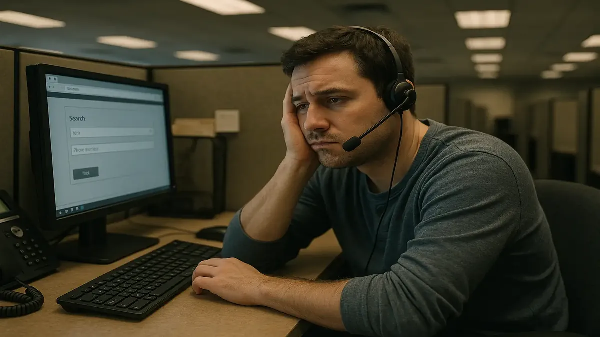 Call center worker searching for customer information on a computer in a busy office setting.