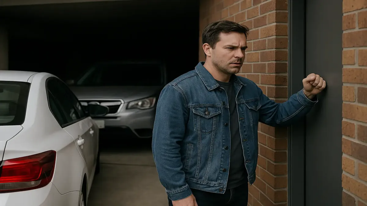 Apartment parking dispute in Melbourne, with a car blocking another in a basement garage setting.