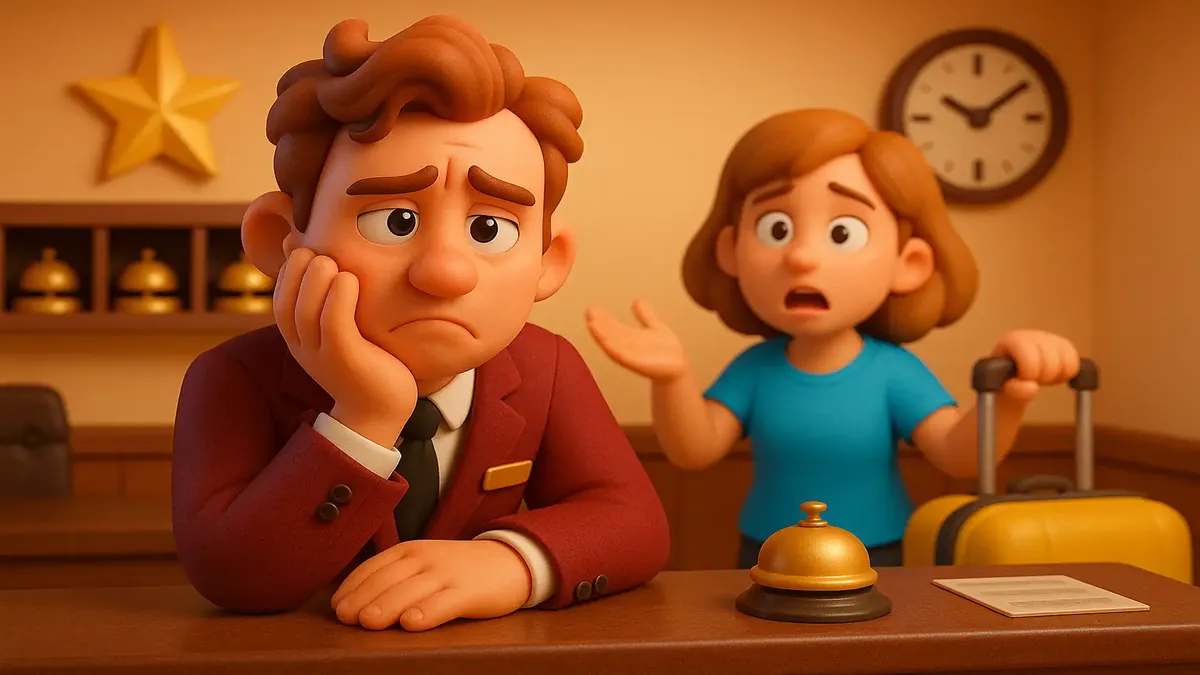 Cartoon-3D illustration of a stressed hotel worker juggling tasks at a small hotel, reflecting workplace challenges.