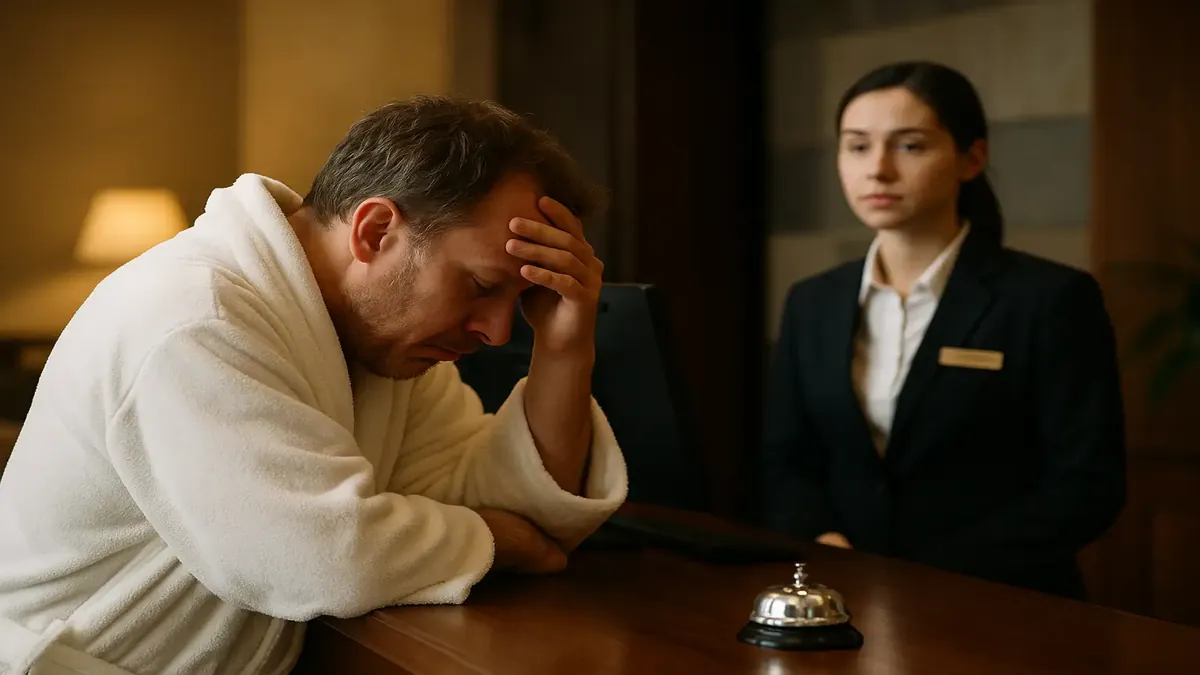 Frustrated hotel guest expressing dissatisfaction over missing amenities in photorealistic scene.