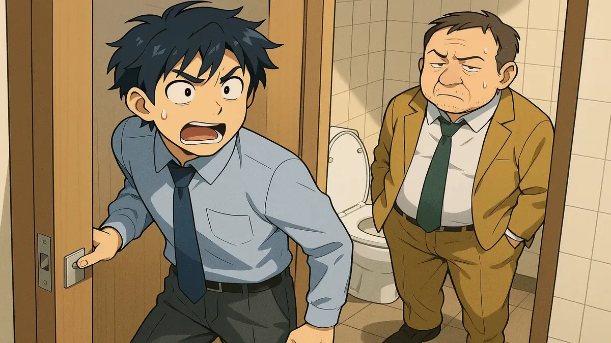 Anime illustration of a tech company bathroom dilemma with messy facilities and frustrated employees.