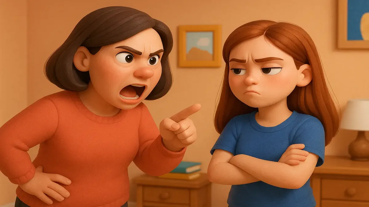 Cartoon-style illustration of a teenage girl and her mom arguing, symbolizing family conflict and communication issues.