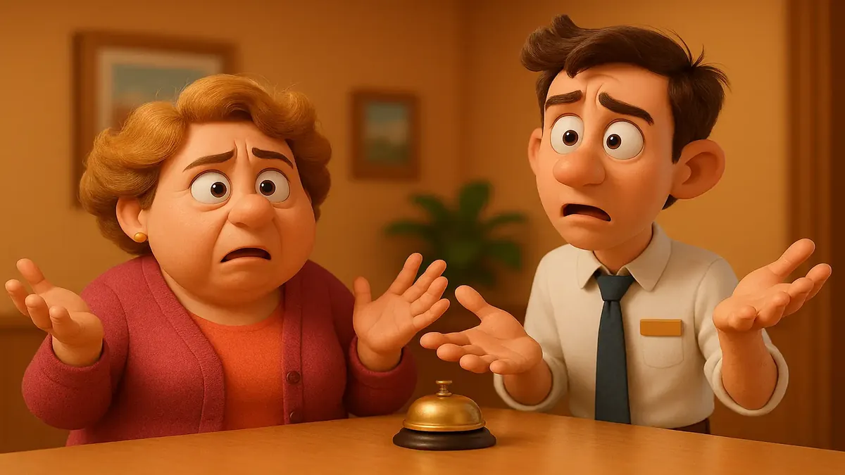 Confused guests at a hotel front desk in a cartoon-3D style illustration, highlighting reservation mix-ups.