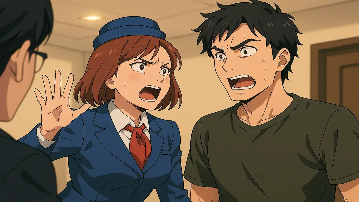 A confused woman in an airline uniform and her casually dressed date at a hotel check-in desk.