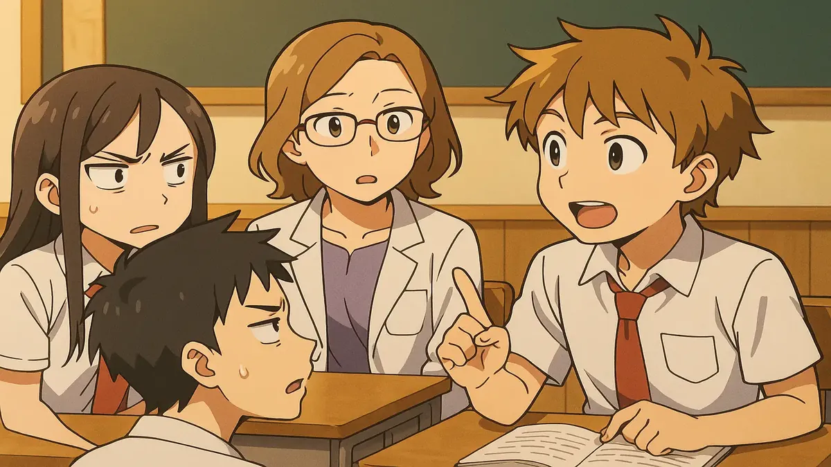 Anime illustration of a boy confused about rocks being living things during science class discussion.