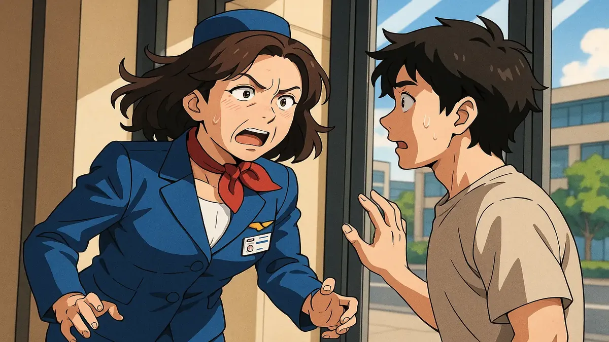 Anime illustration of a distressed woman in an airline uniform after a Tinder date mishap, surrounded by her belongings.