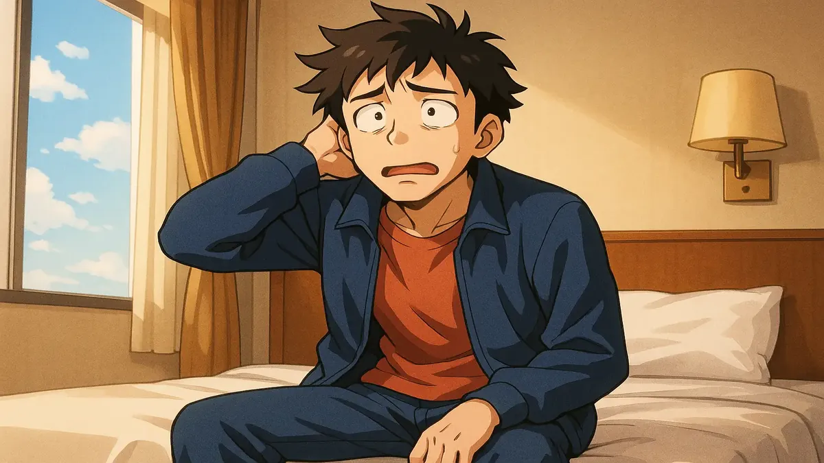 Anime illustration of a truck in a hotel parking lot, symbolizing unexpected repairs and adventures.