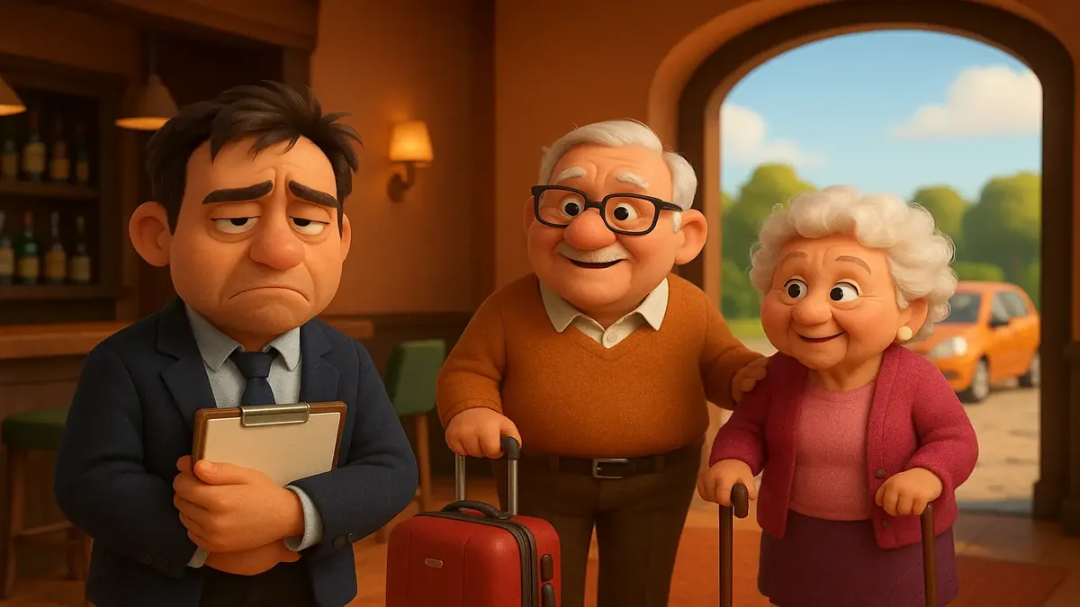 Cartoon scene of rude clients blocking a hotel entrance with uneven gravel surface, illustrating a frustrating situation.