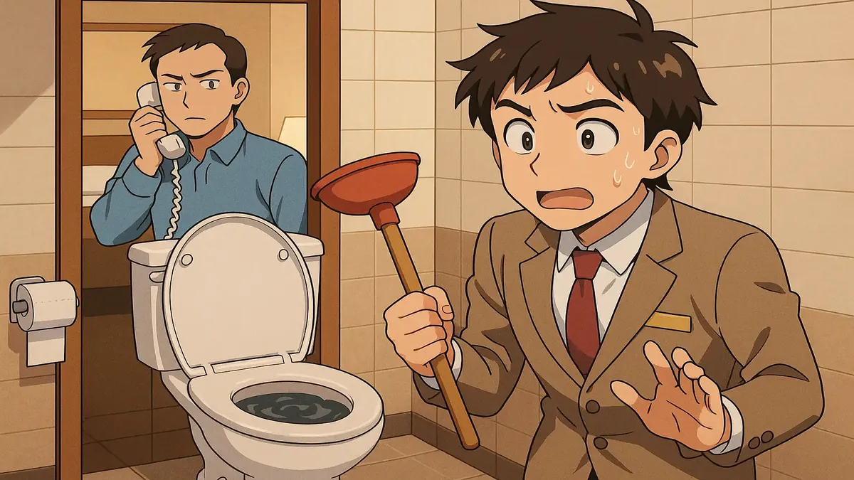 Anime-style illustration of a frustrated hotel staff member dealing with a clogged toilet emergency.