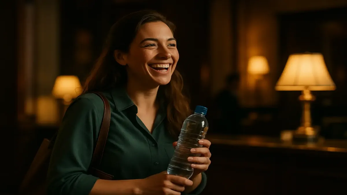 Happy front desk staff at a hotel, celebrating the end of complimentary water bottles for guests.