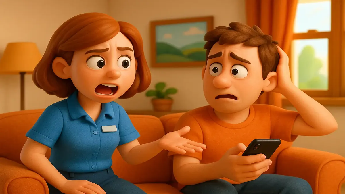 Cartoon-3D illustration of a confused hotel employee dealing with booking issues at D Hotel.