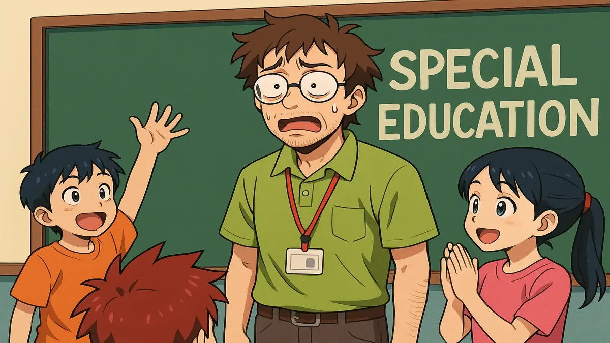 Special education teacher Kevin animated in a vibrant anime style, symbolizing the need for dedicated educators.