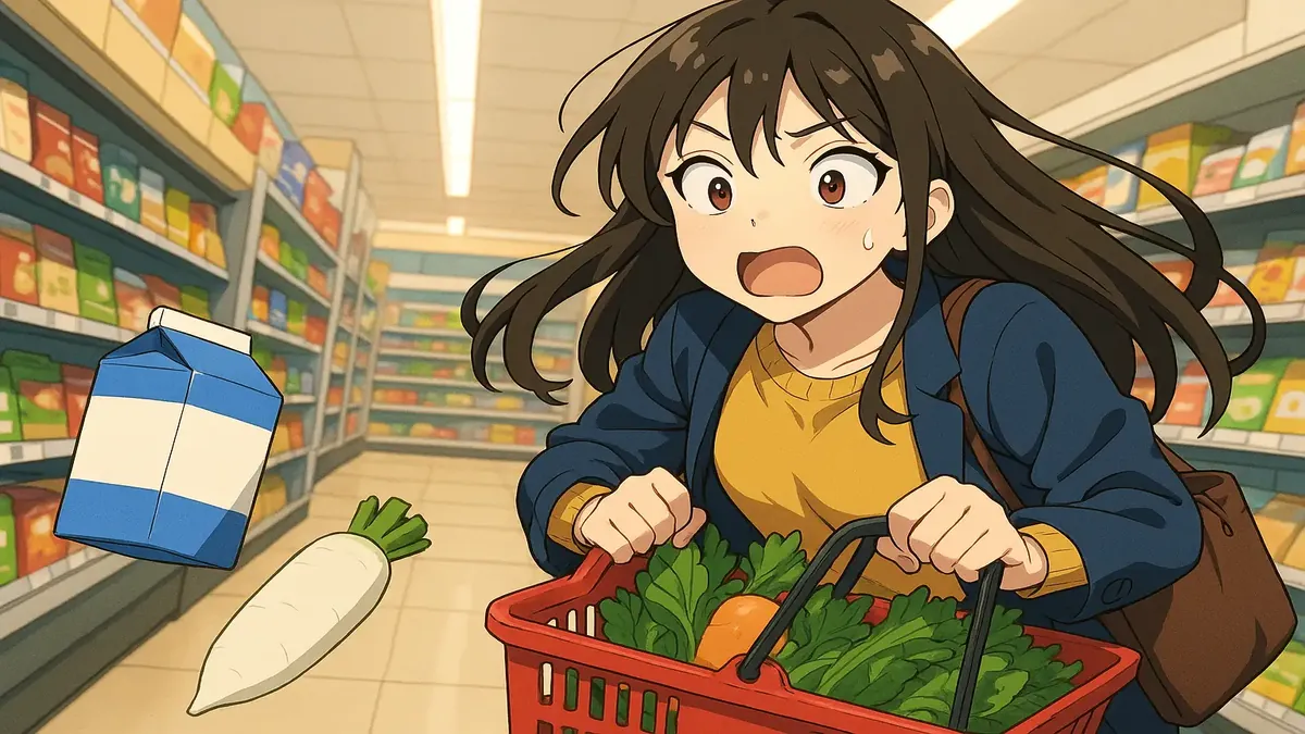 Anime-style illustration of a bustling grocery store with quirky happenings and surprised shoppers.