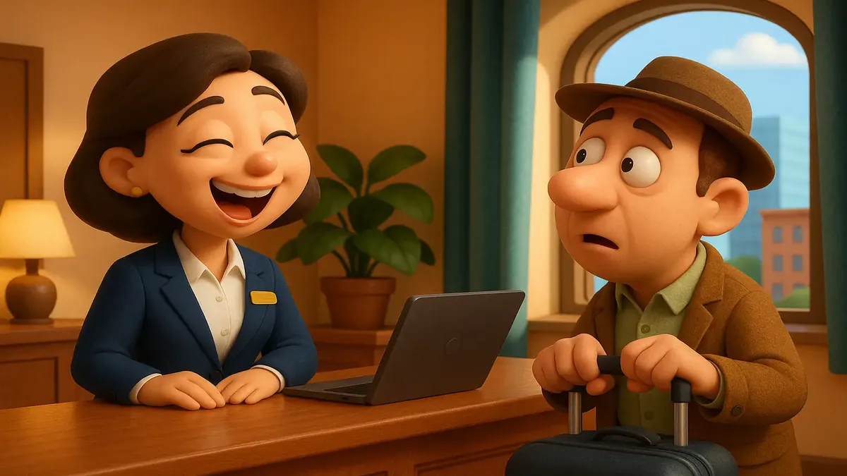 Cartoon-style illustration of a hotel reception with a humorous guest check-in conversation about room views.
