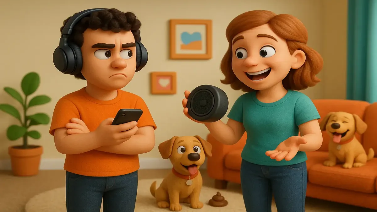Cartoon-3D illustration of a frustrated person wearing headphones, surrounded by playful dogs in a messy apartment.