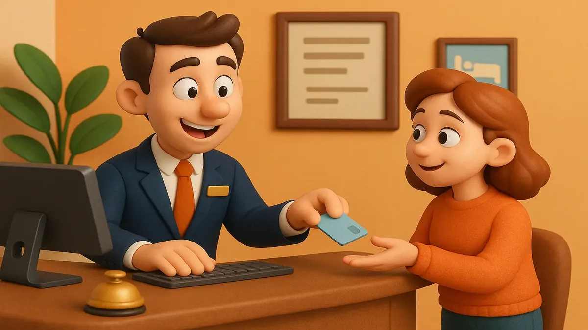 Cartoon-style 3D illustration of a hotel check-in process with a smiling receptionist and welcoming atmosphere.