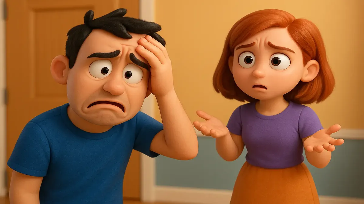 Cartoon-3D illustration of a confused character discovering someone else in a mysterious room.