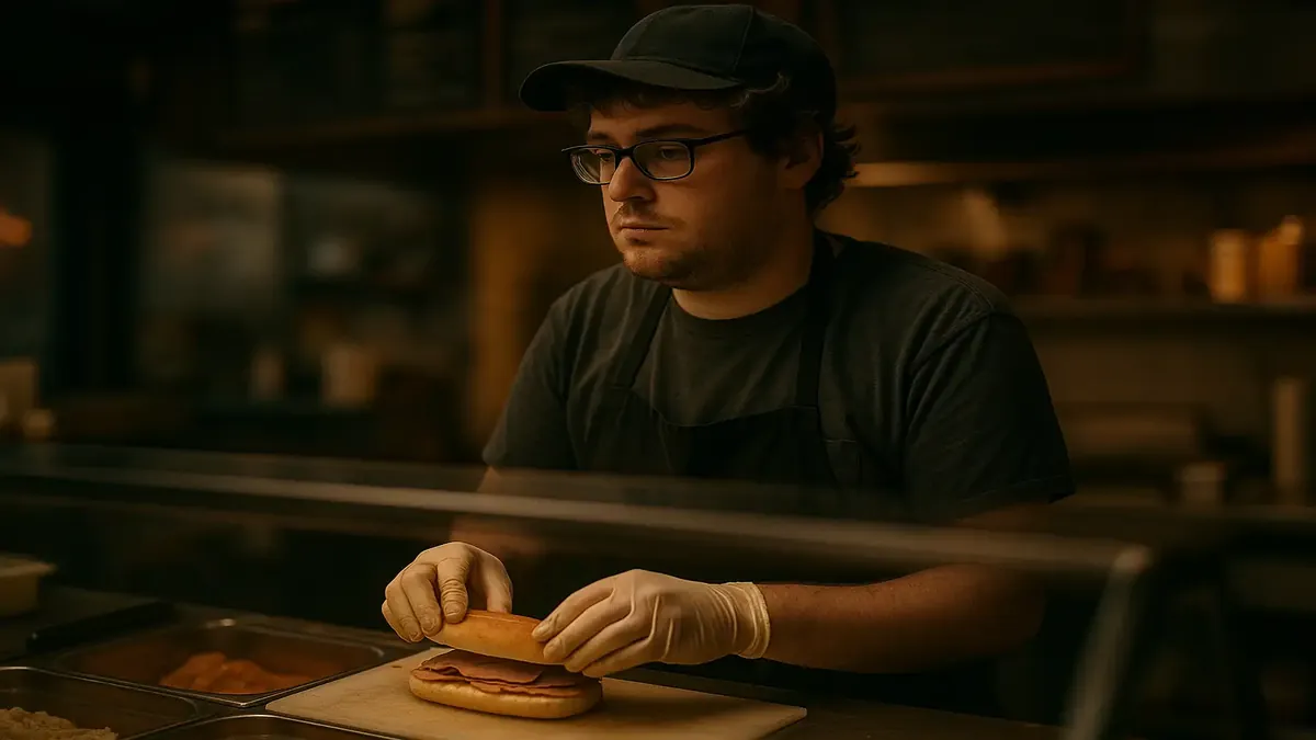 A cinematic scene of Kevin at the deli, playing on his Nintendo Switch while ignoring sandwich orders.