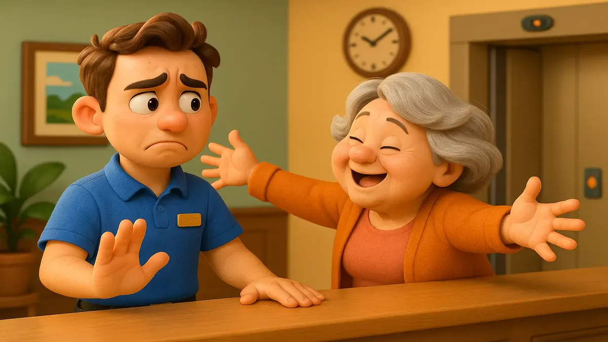 Cartoon-style illustration of a young front desk worker facing an unexpected hug request from an older woman.